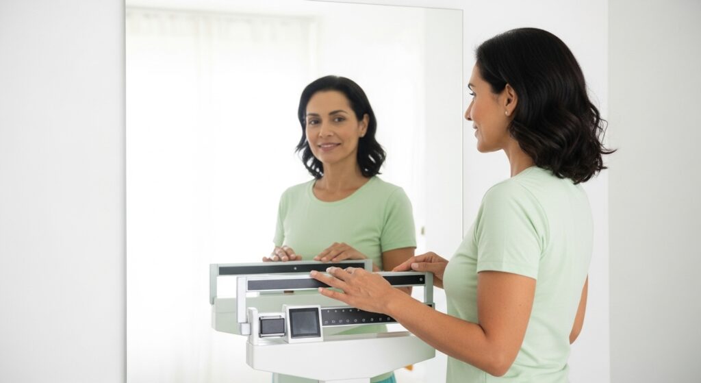 mulher se pesando na balança e olhando no espelho
