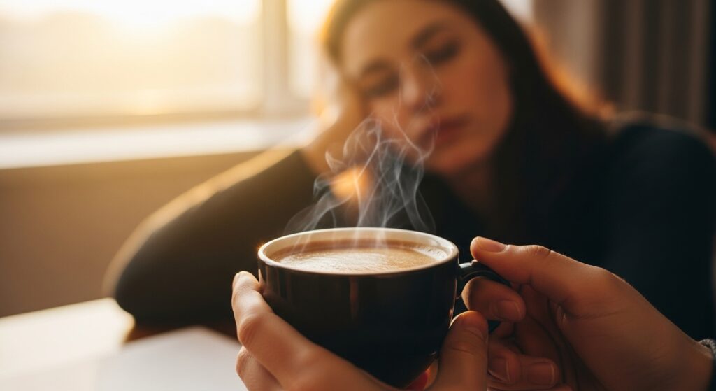 mulher cansada com xícara de café mostrando sinais de metabolismo lento